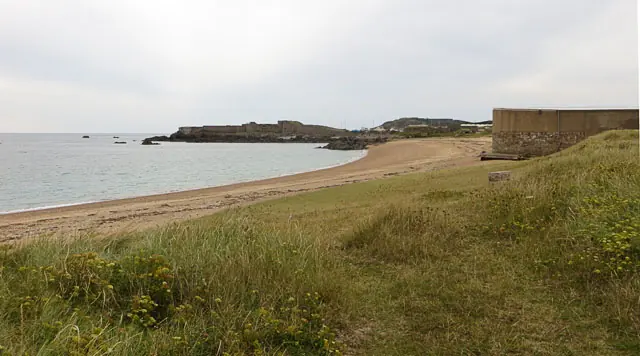 Platte Saline’s shingle shore and coastal fortifications on Alderney.
