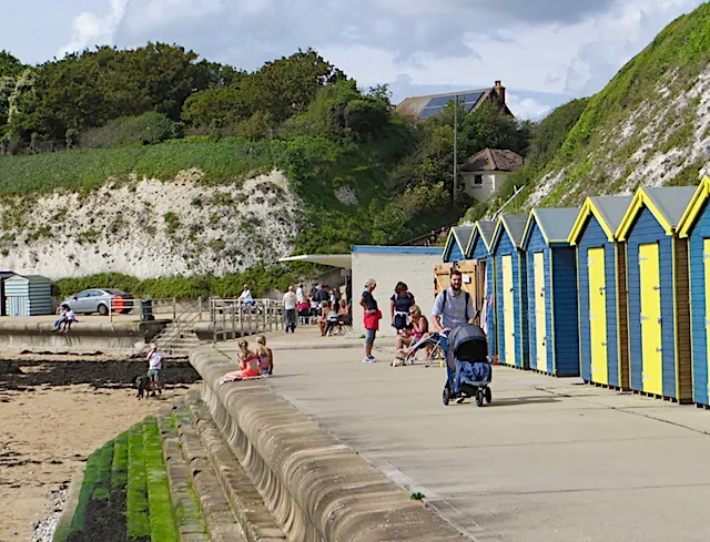 Beach huts and the approach to the sand at Dumpton Gap