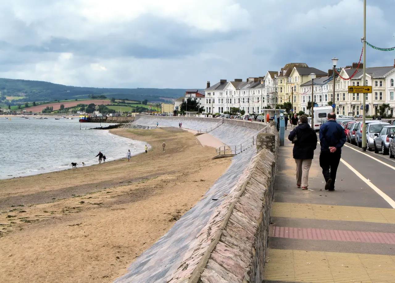 The sea front at Exmouth, South Devon, England, looking west. This town is the westward end of the Dorset and East Devon World Heritage Site, extending 95 miles (155km) to Swanage.