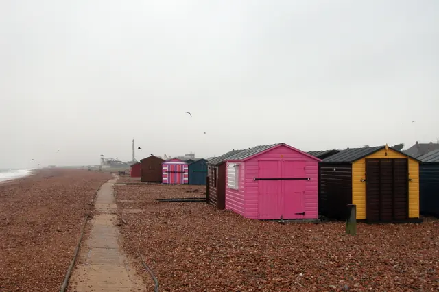 Beach huts on the front at Hayling Island. I think these beach huts are owned and managed by Havant Bourough Council, if you want one it'll set you back around £400 to £500 a.