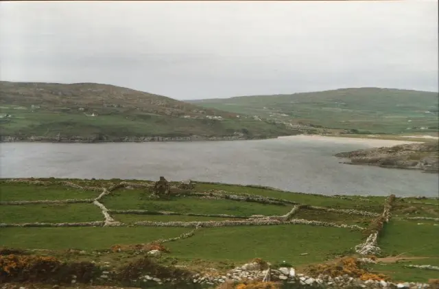 Barley Cove’s sandy shore and dunes seen from the surrounding hills.